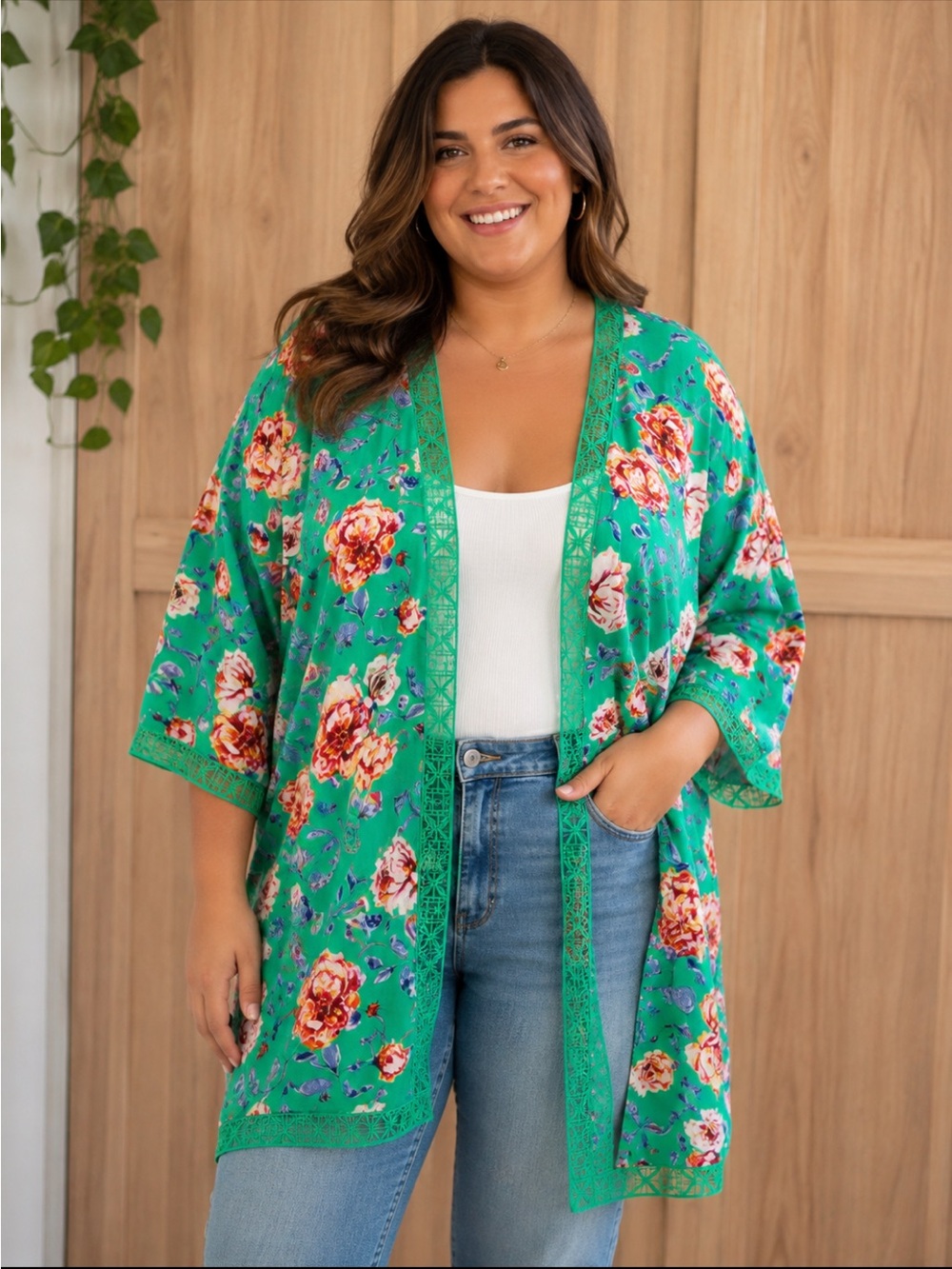 Pioneer Woman Green Floral Linen Blend Kimono Overlay Cardigan. Women’s Sz-XXL